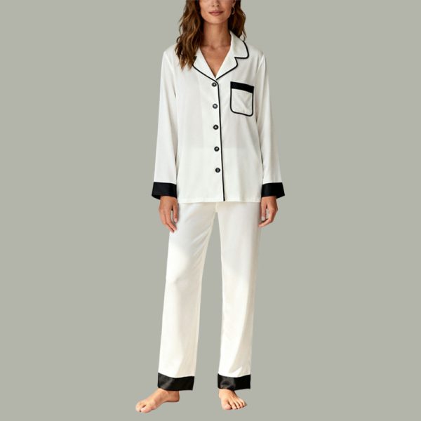 womens-white-black-trim-pajama-set-button-down-shirt-comfortable-sleepwear