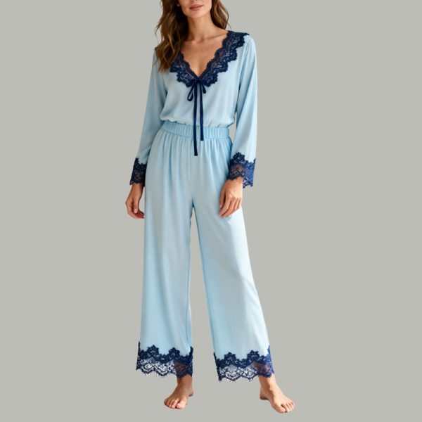 light-blue-lace-trim-pajama-set-v-neck-with-bow-romantic-sleepwear