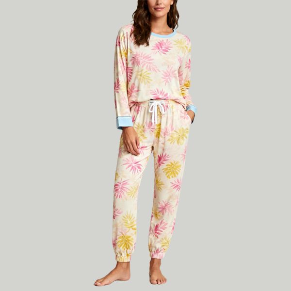 floral-leaf-pattern-pajama-set-drawstring-waist-comfortable-loungewear