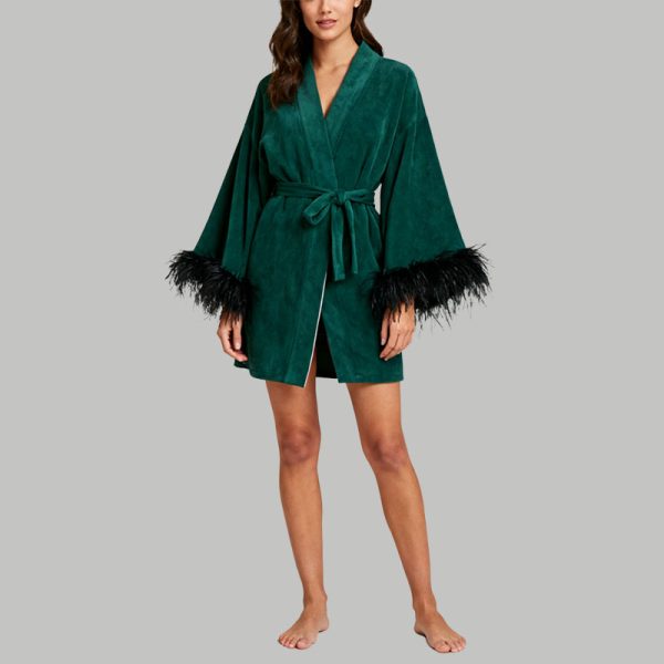 emerald-green-feather-trim-robe-long-kimono